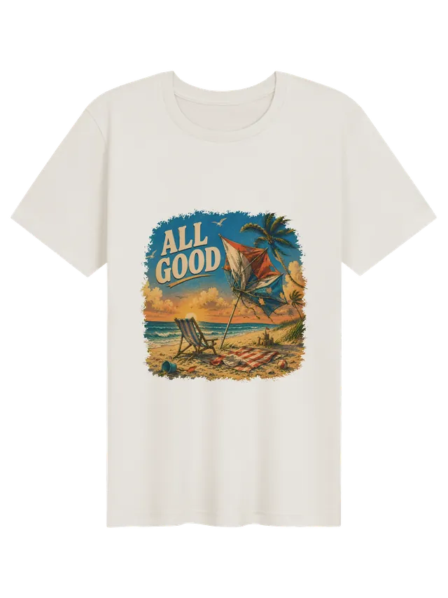 All Good funny beach t-shirt in white with a shredded umbrella and windblown palms at sunset, by LOLsies