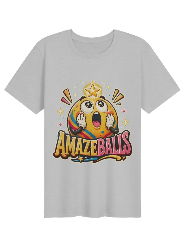 Amazeballs t-shirt in black with a star-struck yellow cartoon ball gasping under a gold star, by LOLsies