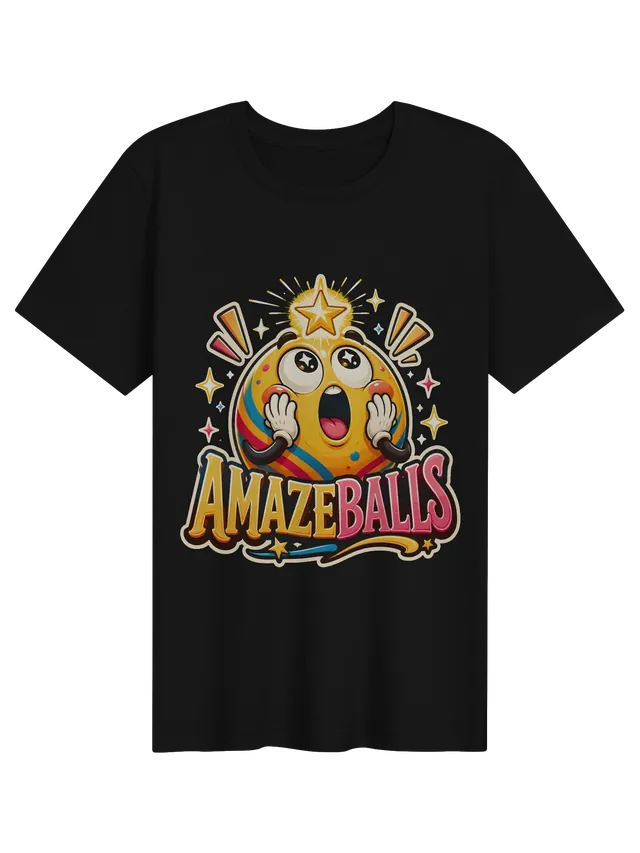 Amazeballs t-shirt in black with a star-struck yellow cartoon ball gasping under a gold star, by LOLsies