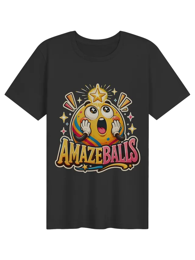 Amazeballs t-shirt in black with a star-struck yellow cartoon ball gasping under a gold star, by LOLsies