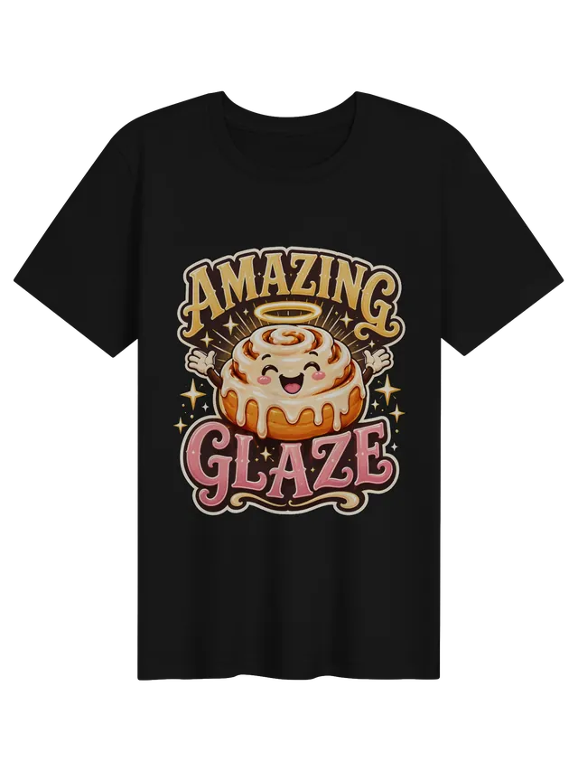 Amazing Glaze t-shirt in black with a smiling glazed cinnamon roll wearing a golden halo, by LOLsies