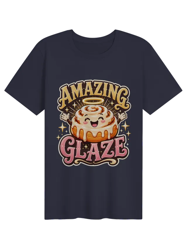 Amazing Glaze t-shirt in black with a smiling glazed cinnamon roll wearing a golden halo, by LOLsies