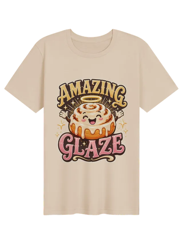 Amazing Glaze t-shirt in black with a smiling glazed cinnamon roll wearing a golden halo, by LOLsies