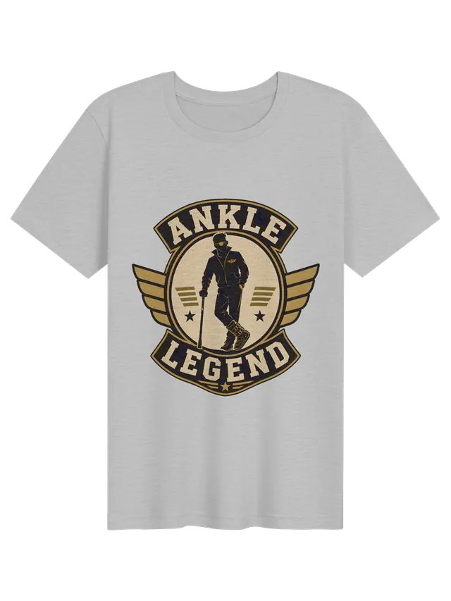 Ankle Legend broken ankle t-shirt in black with a retro winged badge and a hero in a walking boot, by LOLsies