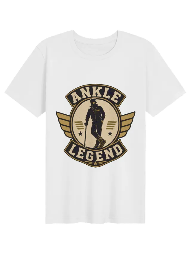 Ankle Legend broken ankle t-shirt in black with a retro winged badge and a hero in a walking boot, by LOLsies
