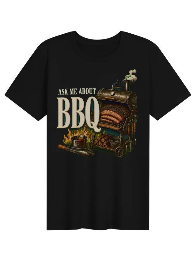 Ask Me About BBQ t-shirt in black with a barrel smoker, sliced brisket, firewood, and sauce bucket, by LOLsies