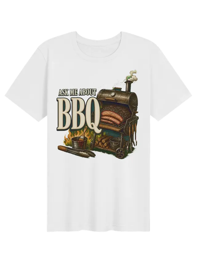 Ask Me About BBQ t-shirt in black with a barrel smoker, sliced brisket, firewood, and sauce bucket, by LOLsies