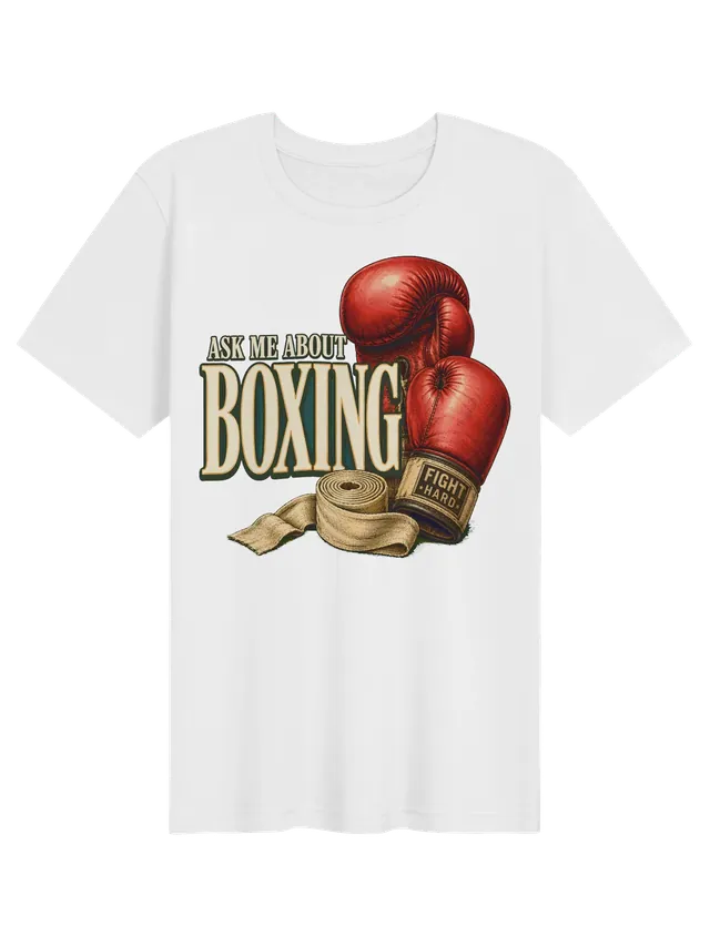 Ask Me About Boxing t-shirt in black with red boxing gloves stamped Fight Hard and hand wraps, by LOLsies