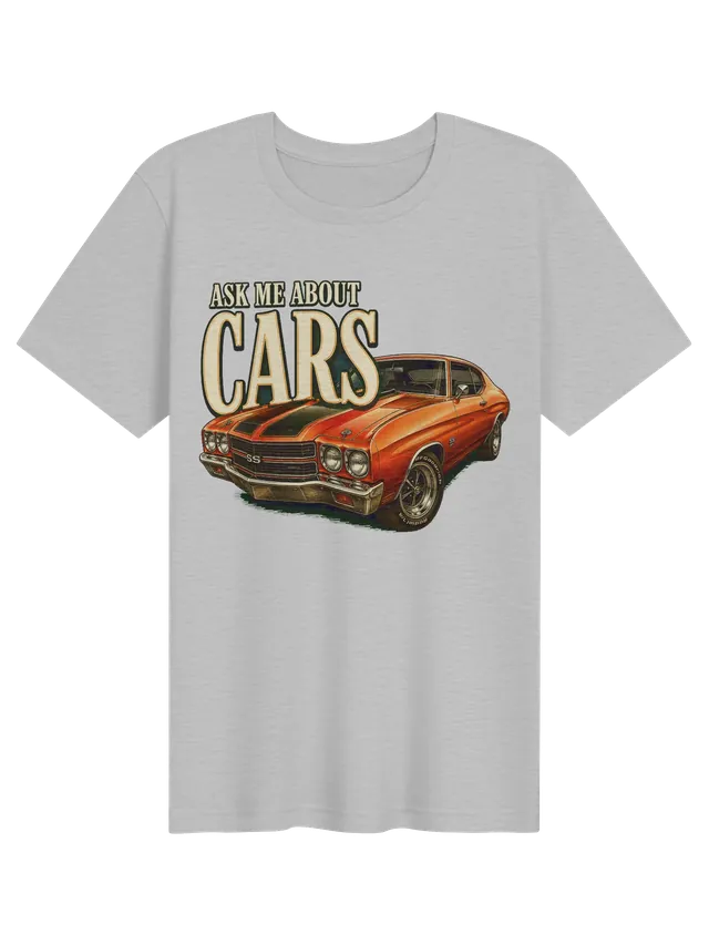 Ask Me About Cars t-shirt in black with an orange classic muscle car with black hood stripes, by LOLsies