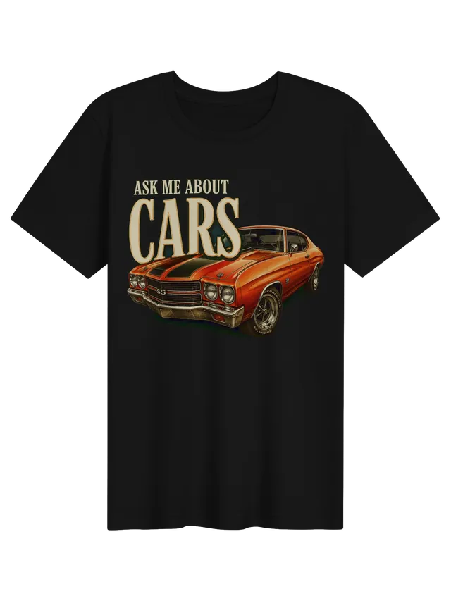 Ask Me About Cars t-shirt in black with an orange classic muscle car with black hood stripes, by LOLsies