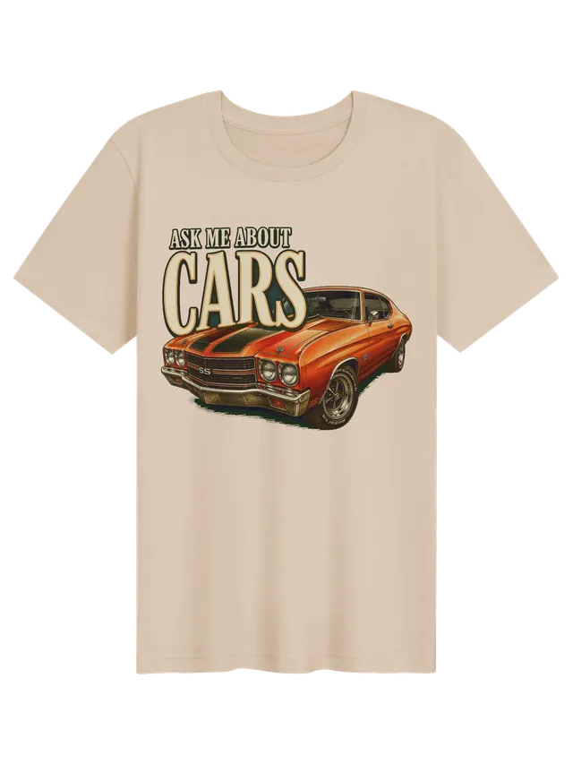 Ask Me About Cars t-shirt in black with an orange classic muscle car with black hood stripes, by LOLsies