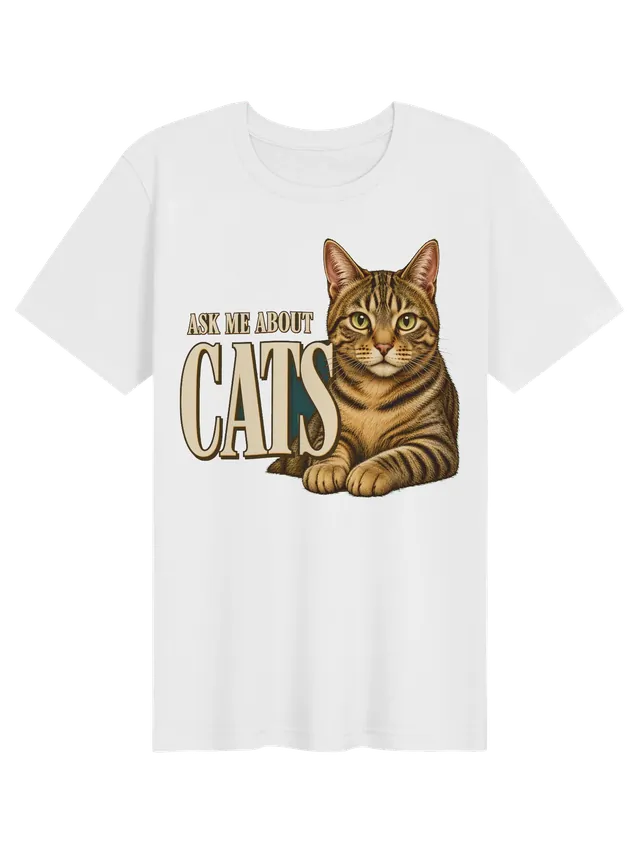 Ask Me About Cats t-shirt in black with a green-eyed striped tabby cat resting its paws forward, by LOLsies