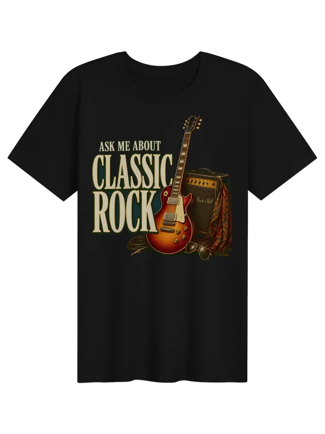 Ask Me About Classic Rock t-shirt in black with a sunburst electric guitar, vintage amp, and aviators, by LOLsies