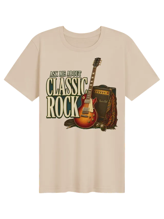 Ask Me About Classic Rock t-shirt in black with a sunburst electric guitar, vintage amp, and aviators, by LOLsies