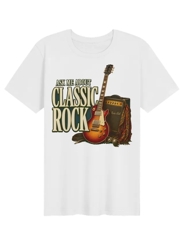 Ask Me About Classic Rock t-shirt in black with a sunburst electric guitar, vintage amp, and aviators, by LOLsies