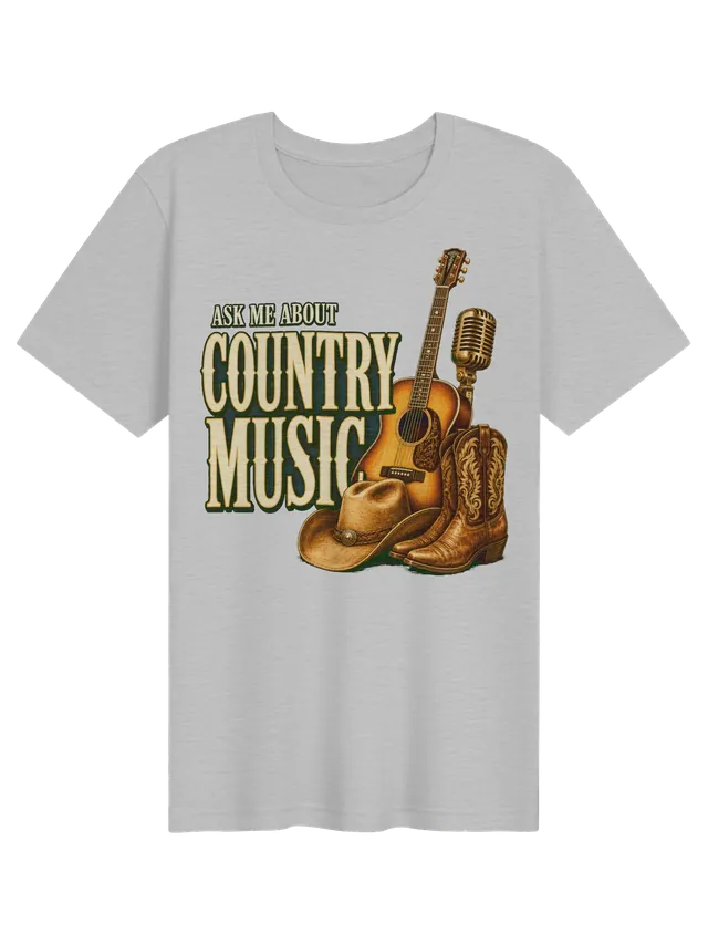 Ask Me About Country Music t-shirt in black with an acoustic guitar, vintage mic, and cowboy boots, by LOLsies