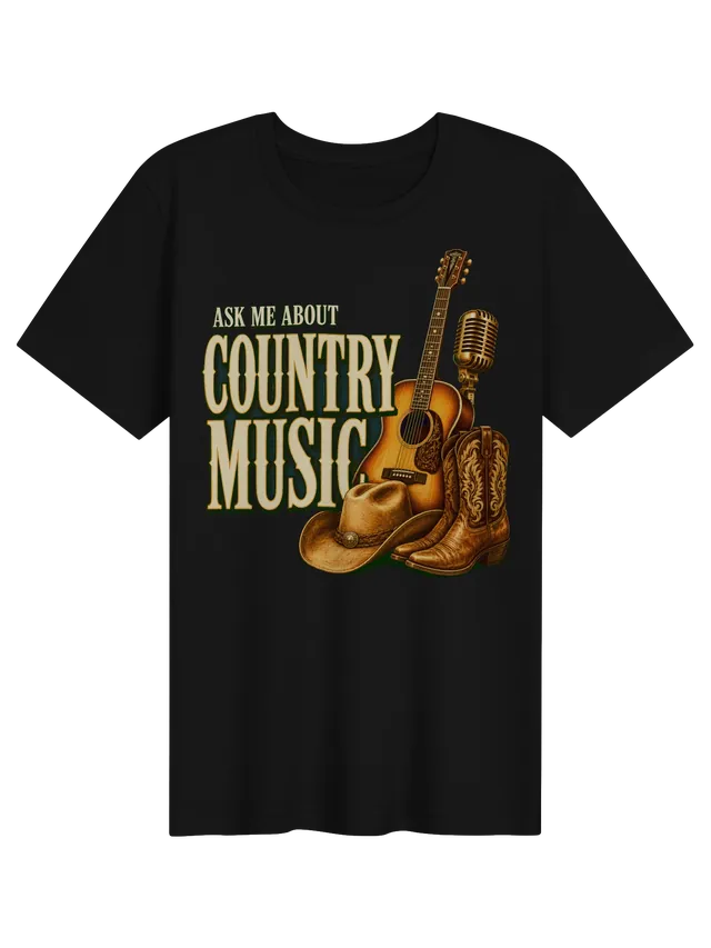 Ask Me About Country Music t-shirt in black with an acoustic guitar, vintage mic, and cowboy boots, by LOLsies