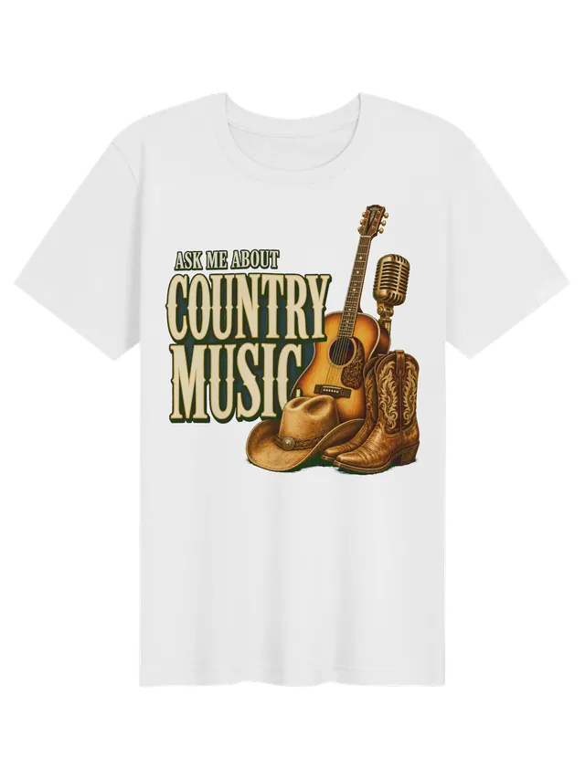 Ask Me About Country Music t-shirt in black with an acoustic guitar, vintage mic, and cowboy boots, by LOLsies