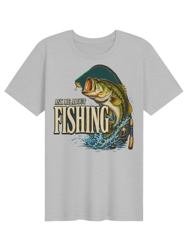 Ask Me About Fishing t-shirt in black with a largemouth bass leaping for a lure beside a rod and reel, by LOLsies