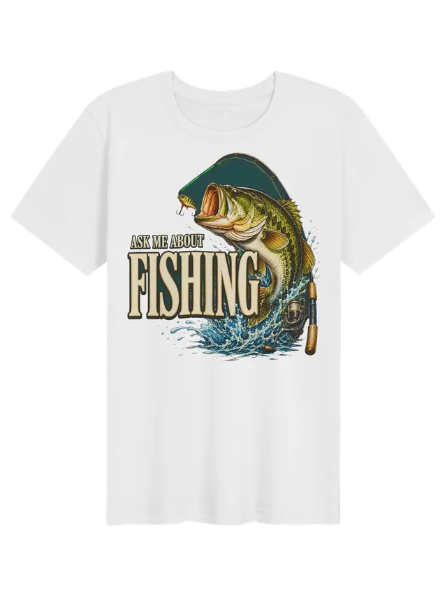 Ask Me About Fishing t-shirt in black with a largemouth bass leaping for a lure beside a rod and reel, by LOLsies