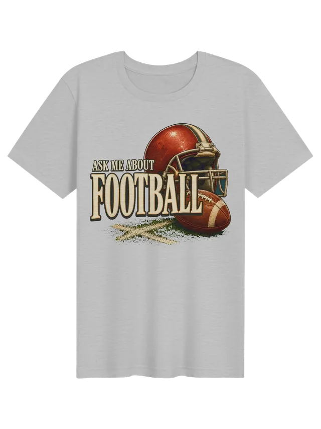 Ask Me About Football t-shirt in black with a red helmet, a leather football, and chalk marks on grass, by LOLsies