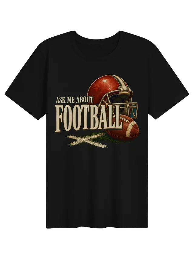 Ask Me About Football t-shirt in black with a red helmet, a leather football, and chalk marks on grass, by LOLsies