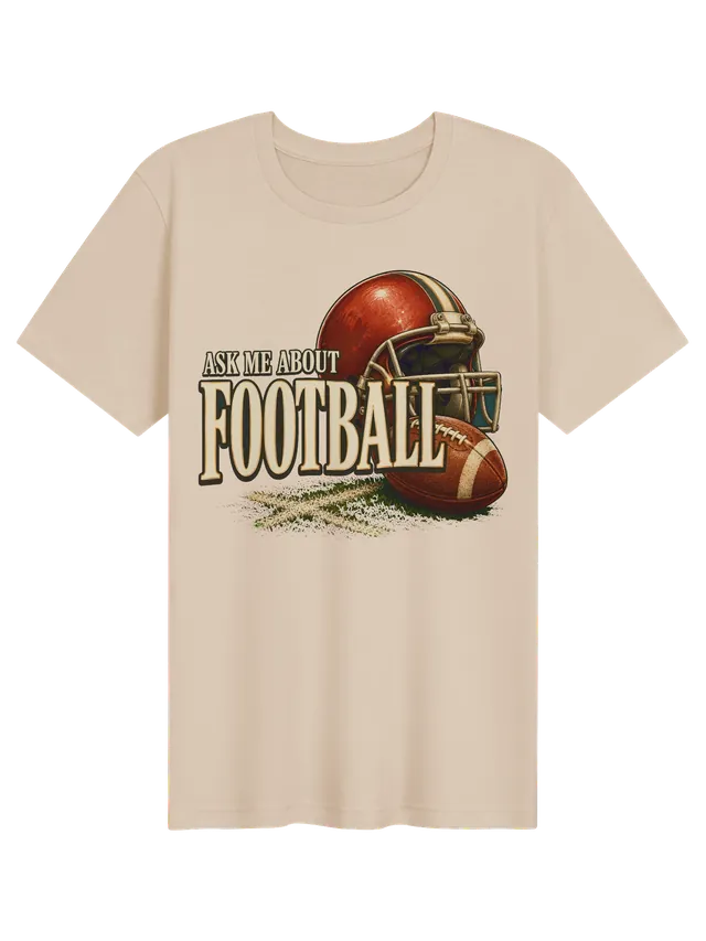 Ask Me About Football t-shirt in black with a red helmet, a leather football, and chalk marks on grass, by LOLsies