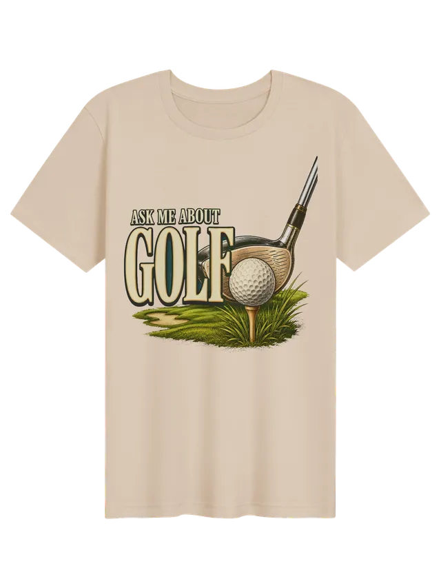 Ask Me About Golf t-shirt in black with a driver lined up behind a golf ball on a tee near a bunker, by LOLsies