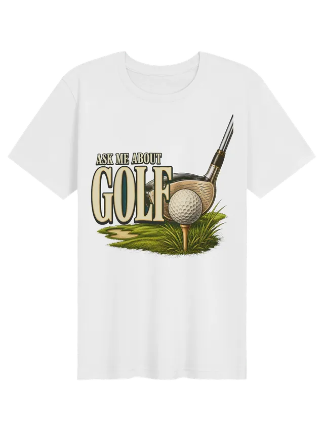 Ask Me About Golf t-shirt in black with a driver lined up behind a golf ball on a tee near a bunker, by LOLsies