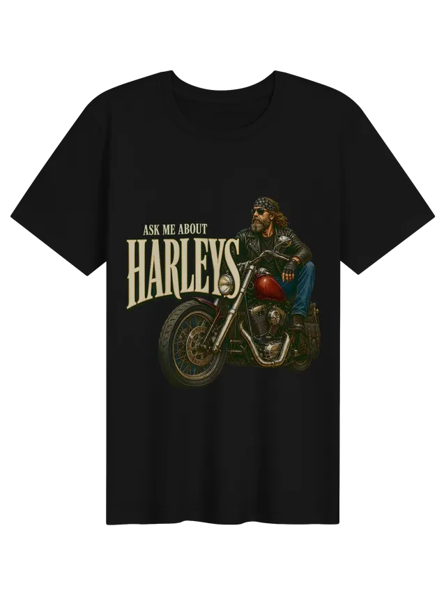 Ask Me About Harleys t-shirt in black with a bearded biker in a bandana on a red cruiser motorcycle, by LOLsies