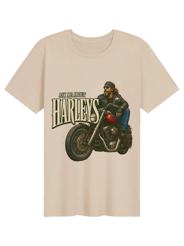 Ask Me About Harleys t-shirt in black with a bearded biker in a bandana on a red cruiser motorcycle, by LOLsies
