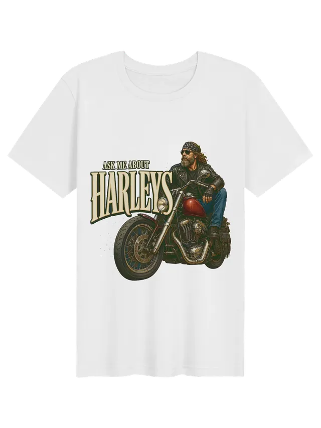Ask Me About Harleys t-shirt in black with a bearded biker in a bandana on a red cruiser motorcycle, by LOLsies