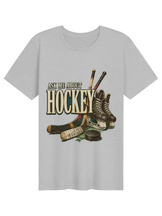 Ask Me About Hockey t-shirt in black with taped hockey sticks, laced skates, and a puck on ice, by LOLsies