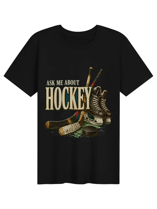 Ask Me About Hockey t-shirt in black with taped hockey sticks, laced skates, and a puck on ice, by LOLsies