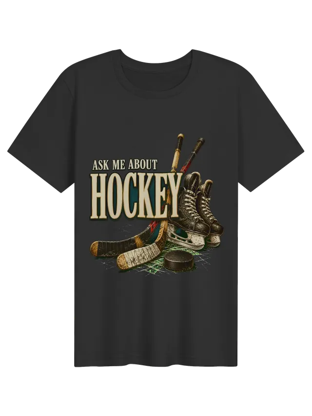 Ask Me About Hockey t-shirt in black with taped hockey sticks, laced skates, and a puck on ice, by LOLsies