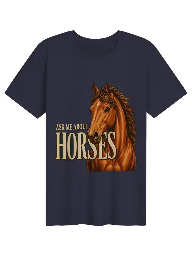 Ask Me About Horses t-shirt in black with a chestnut horse portrait and flowing mane, by LOLsies