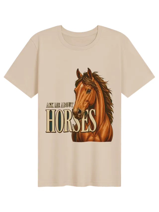 Ask Me About Horses t-shirt in black with a chestnut horse portrait and flowing mane, by LOLsies