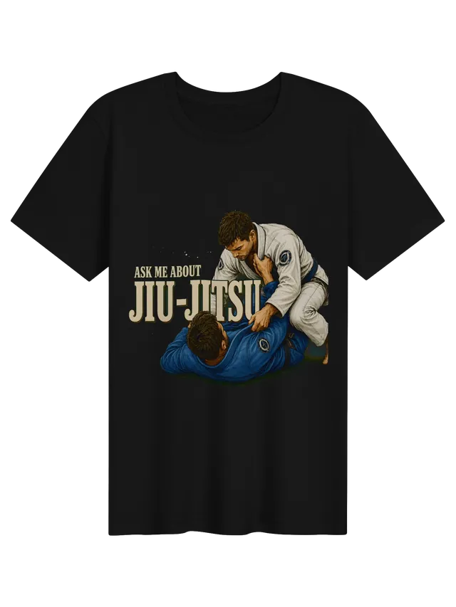 Ask Me About Jiu-Jitsu t-shirt in black with two grapplers in white and blue gis mid-roll, by LOLsies