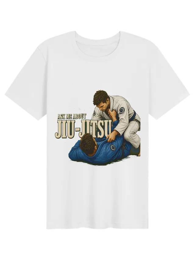 Ask Me About Jiu-Jitsu t-shirt in black with two grapplers in white and blue gis mid-roll, by LOLsies