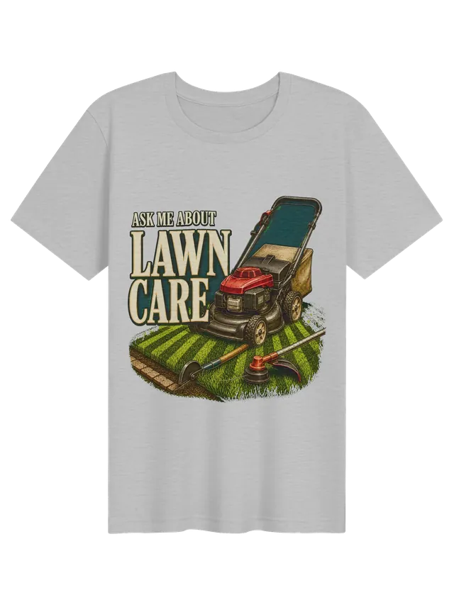 Ask Me About Lawn Care t-shirt in black with a red push mower on a striped lawn with trimmer and edger, by LOLsies