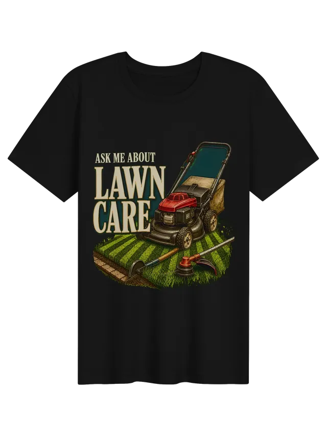 Ask Me About Lawn Care t-shirt in black with a red push mower on a striped lawn with trimmer and edger, by LOLsies