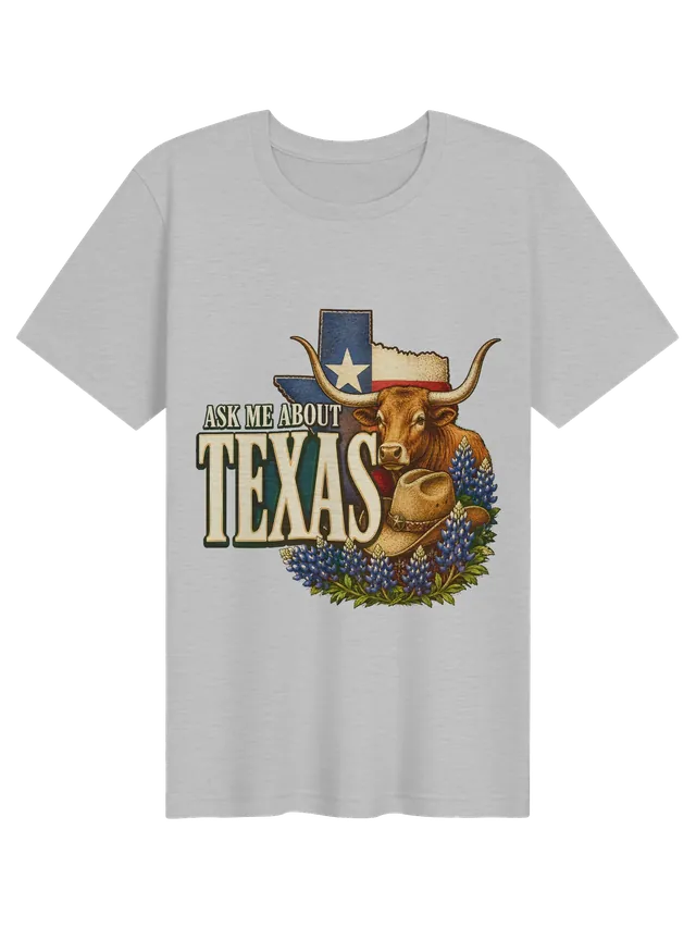 Ask Me About Texas t-shirt in black with a Lone Star flag state map, longhorn steer, and bluebonnets, by LOLsies