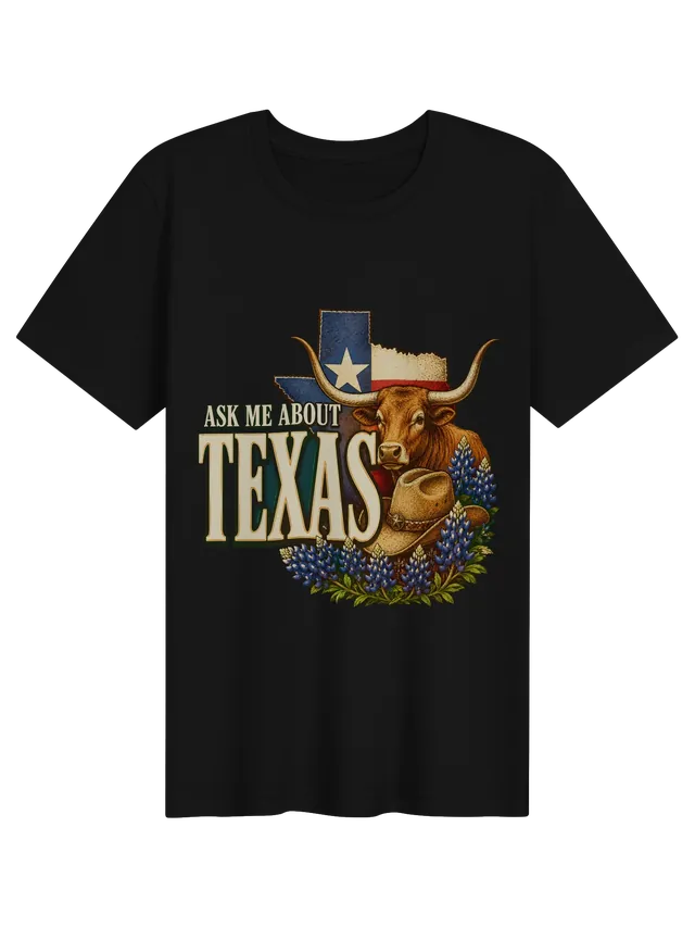 Ask Me About Texas t-shirt in black with a Lone Star flag state map, longhorn steer, and bluebonnets, by LOLsies