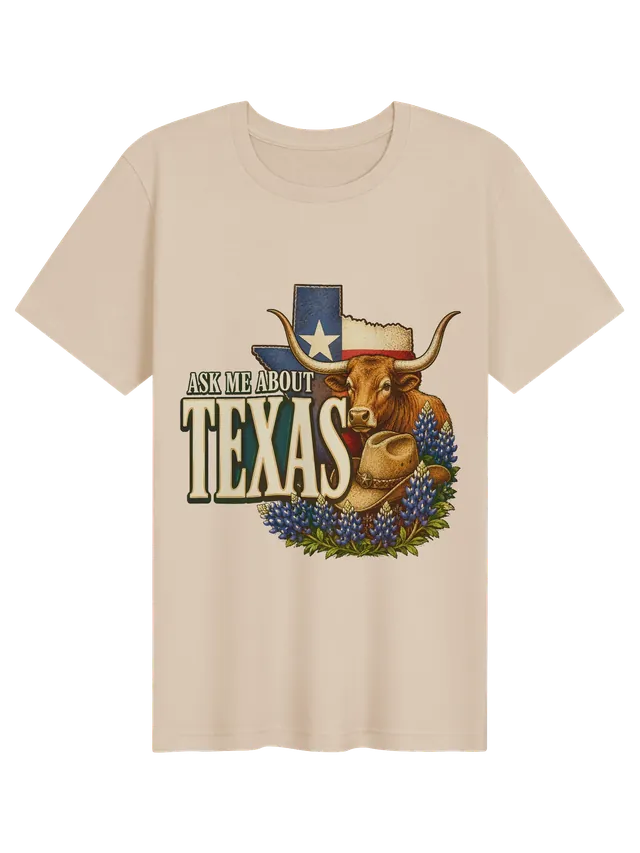 Ask Me About Texas t-shirt in black with a Lone Star flag state map, longhorn steer, and bluebonnets, by LOLsies