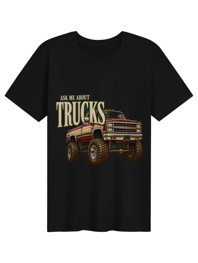 Ask Me About Trucks t-shirt in black with a lifted red and cream vintage pickup on big mud tires, by LOLsies