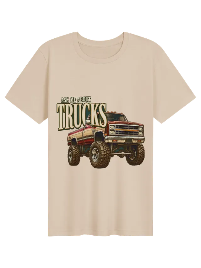 Ask Me About Trucks t-shirt in black with a lifted red and cream vintage pickup on big mud tires, by LOLsies