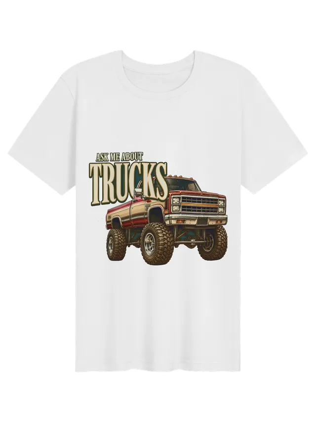 Ask Me About Trucks t-shirt in black with a lifted red and cream vintage pickup on big mud tires, by LOLsies
