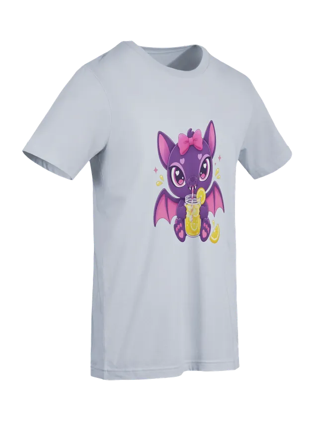 Bat Drinking Lemonade t-shirt in white with a purple bat in a pink bow sipping lemonade, by LOLsies