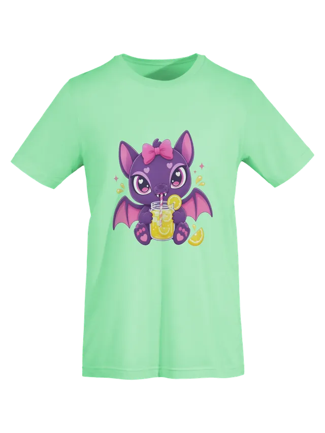 Bat Drinking Lemonade t-shirt in white with a purple bat in a pink bow sipping lemonade, by LOLsies