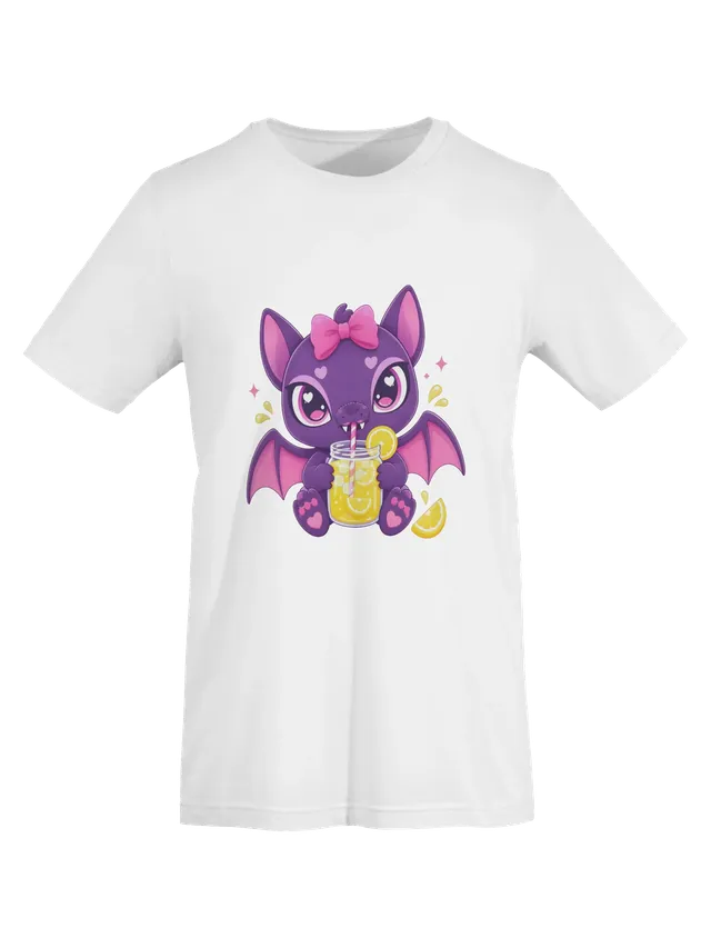 Bat Drinking Lemonade t-shirt in white with a purple bat in a pink bow sipping lemonade, by LOLsies